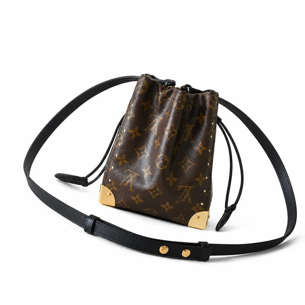 Louis Vuitton Nano Noé — Monogram Canvas, All-Over Gold Studs, Wide Black Leather Strap & Corner Guards
