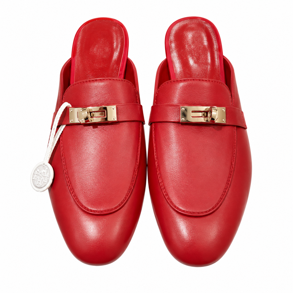 Hermès Red Mules with Gold-Tone Hardware