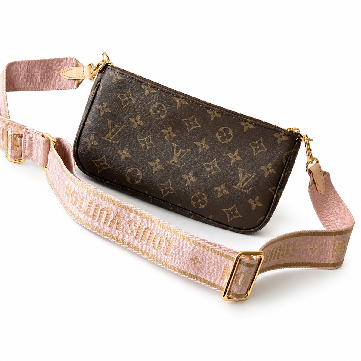 Louis Vuitton Pochette Accessoires — Monogram Canvas with Rose Pink Logo Strap