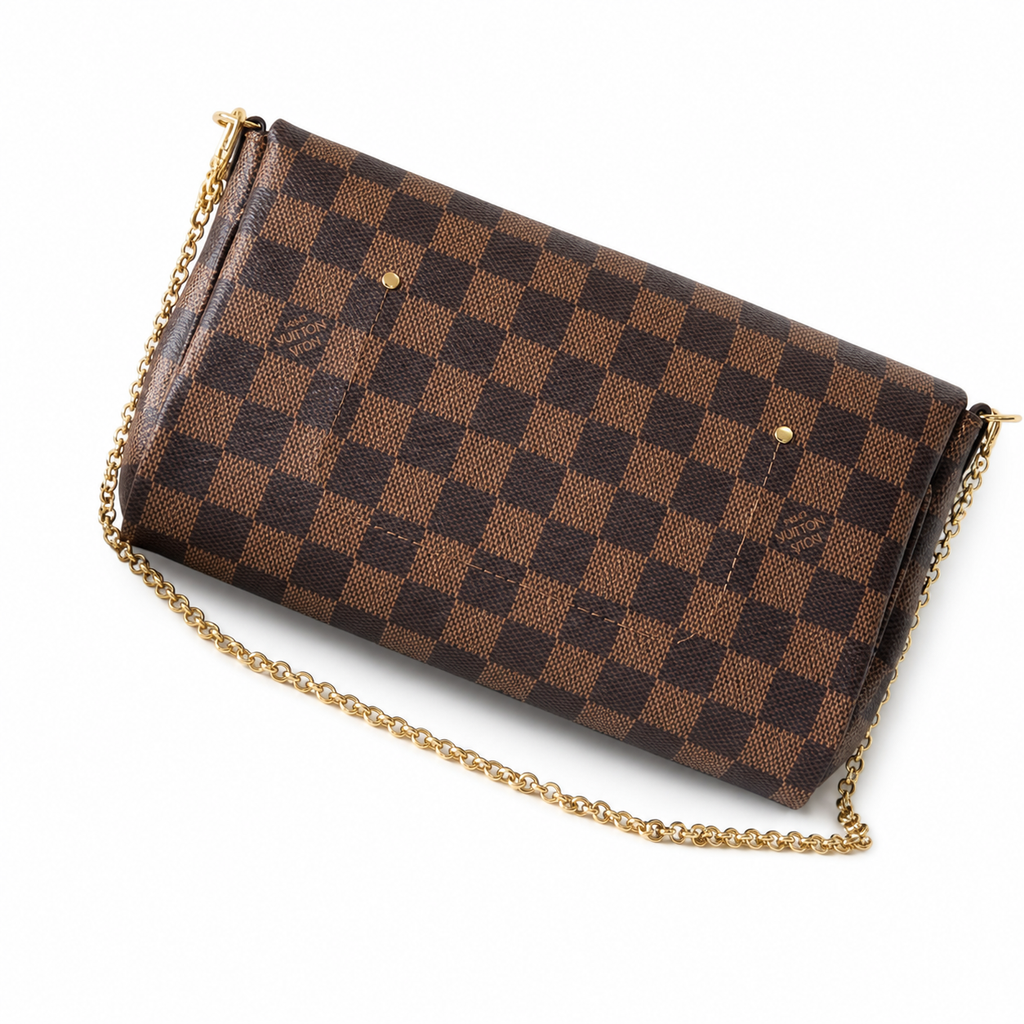 Louis Vuitton Favorite MM — Damier Ebène Canvas, Detachable Gold Chain, Dome Rivets & Zip Closure