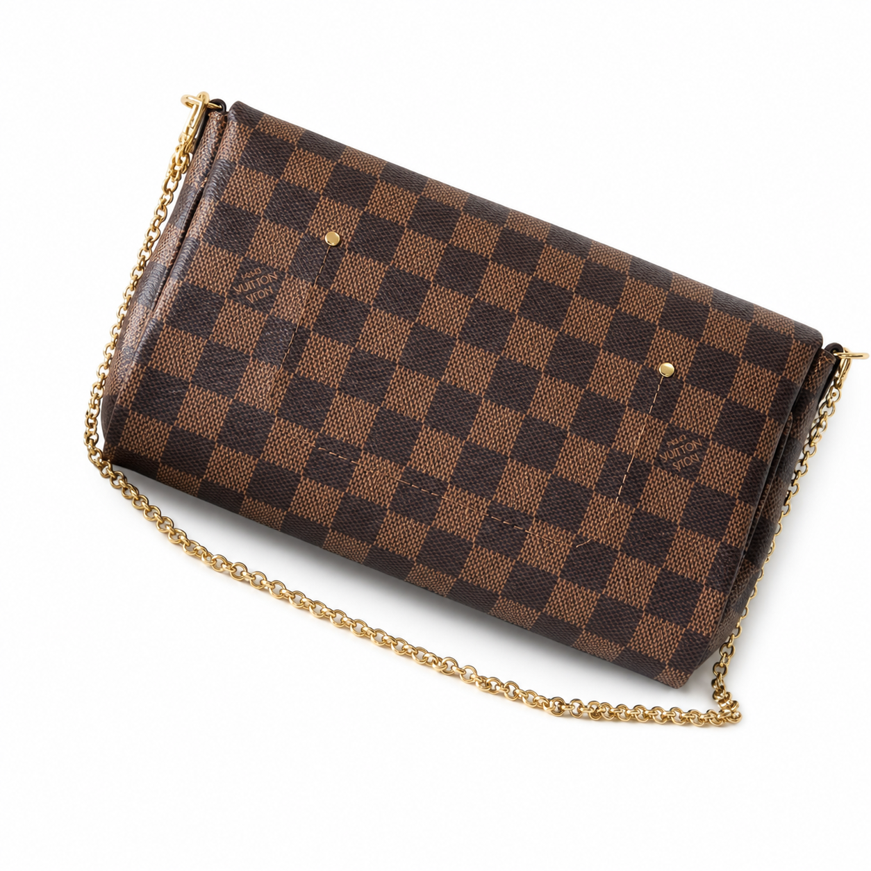 Louis Vuitton Favorite MM — Damier Ebène Canvas, Detachable Gold Chain, Dome Rivets & Zip Closure