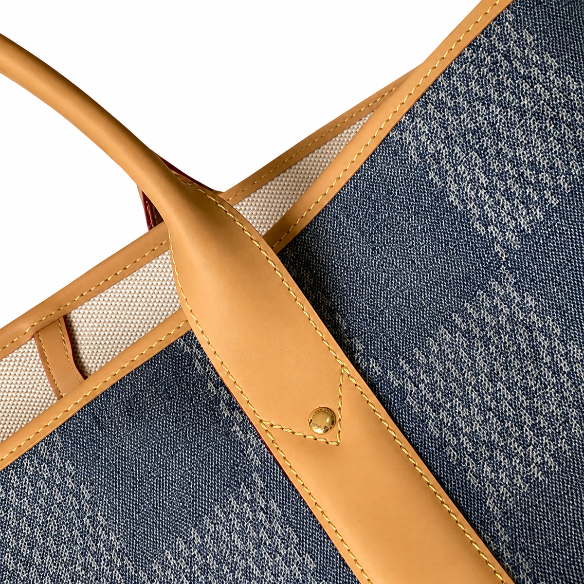Louis Vuitton On The Go GM — Monogram Denim Canvas, Vachetta Trim & LV Logo Wide Strap