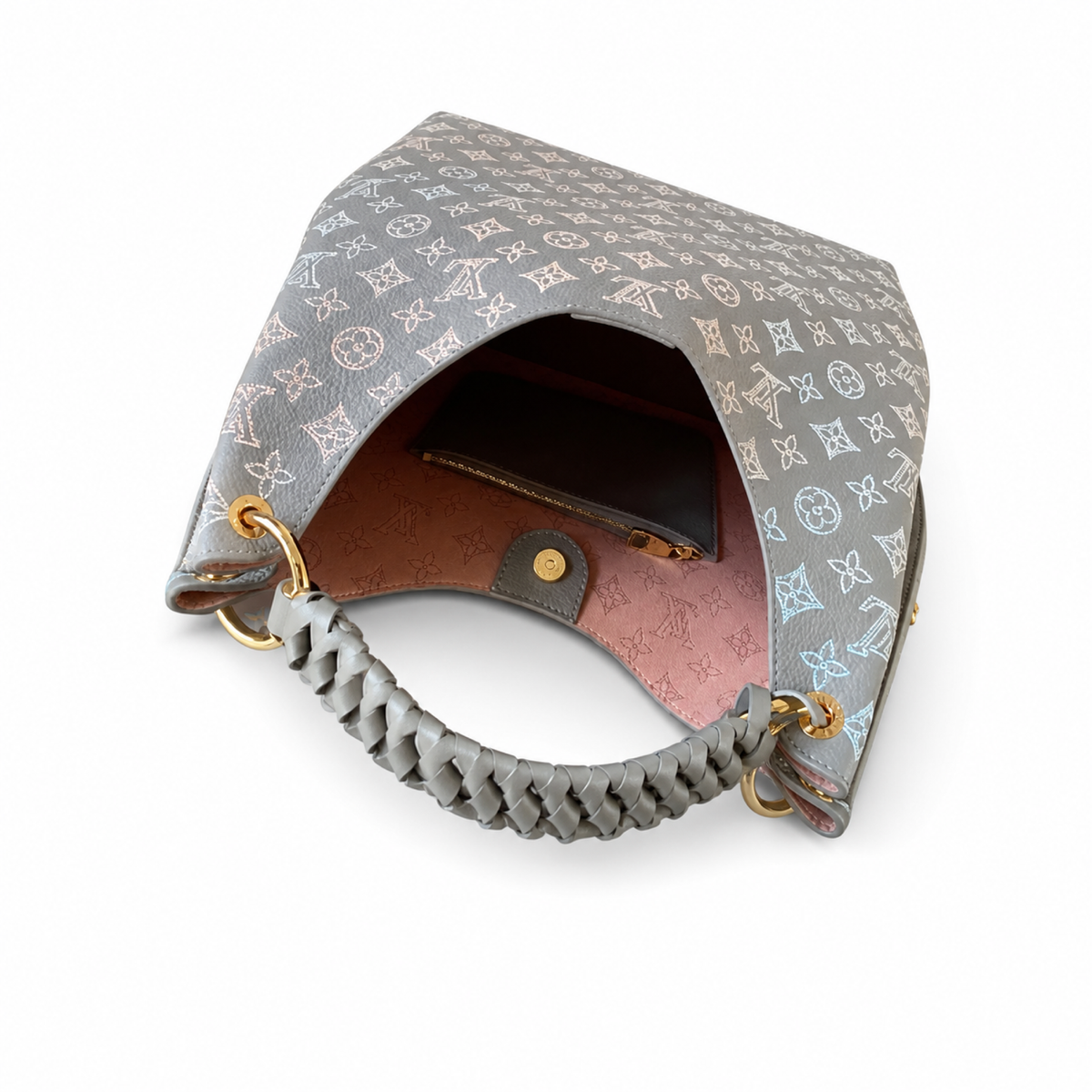 Louis Vuitton Iridescent Hobo — Grey Monogram Canvas, Braided Handle, LV Round Charm & Pink Interior