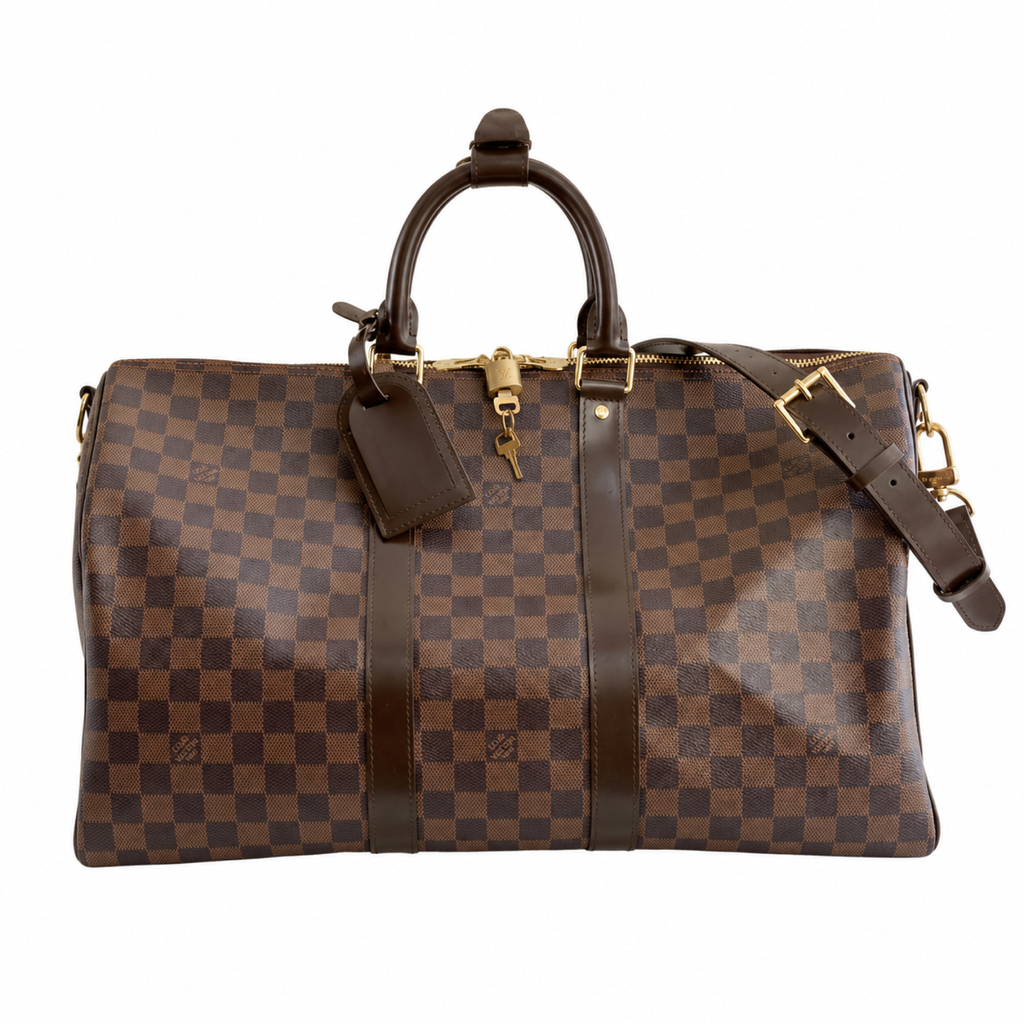 Louis Vuitton Keepall Bandoulière 45 — Damier Ébène, Dark Leather Handles & Gold Padlock