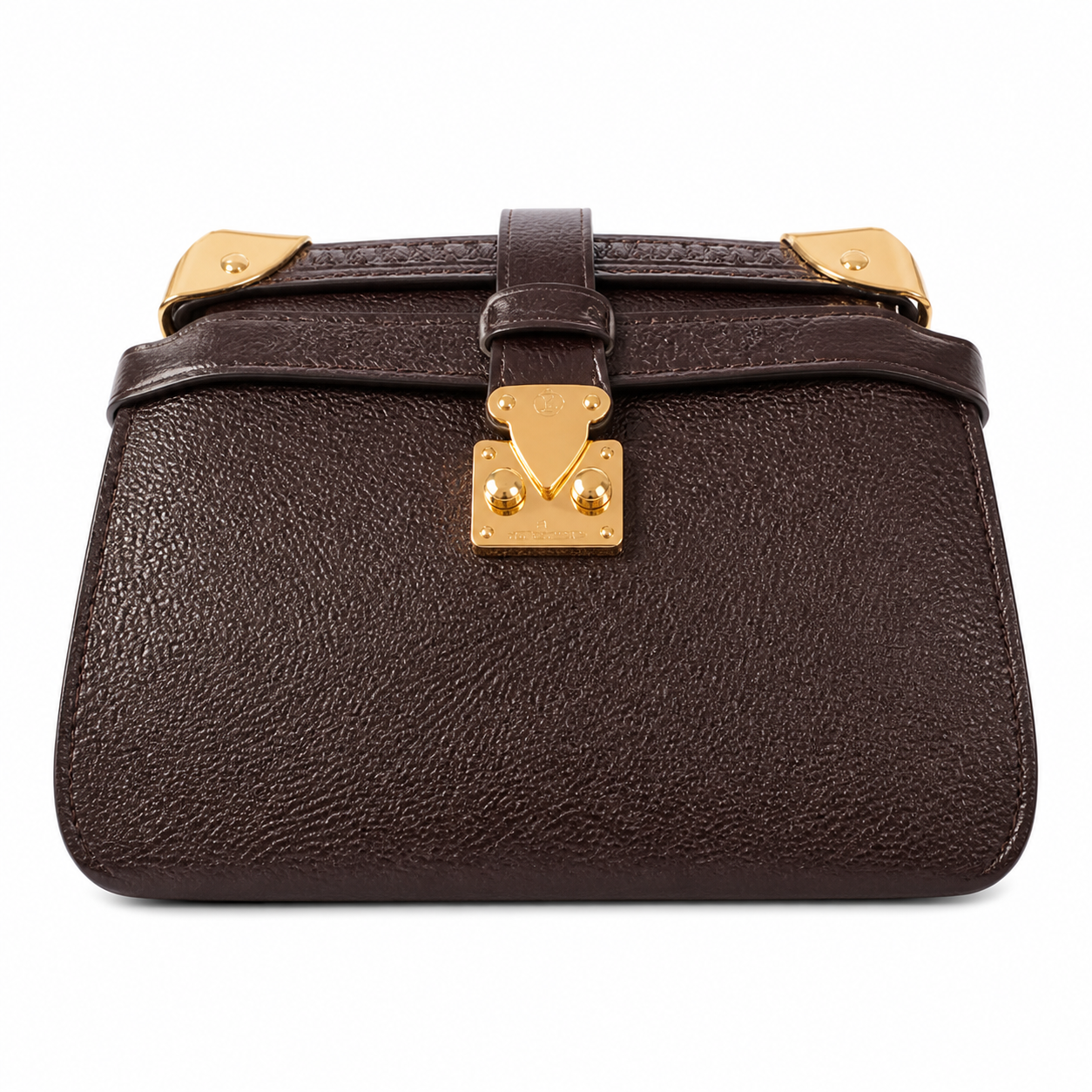 Louis Vuitton Mini Flap Crossbody — Chocolat Moka Grained Leather, Gold V-Lock, Flap Strap & Corner Guards
