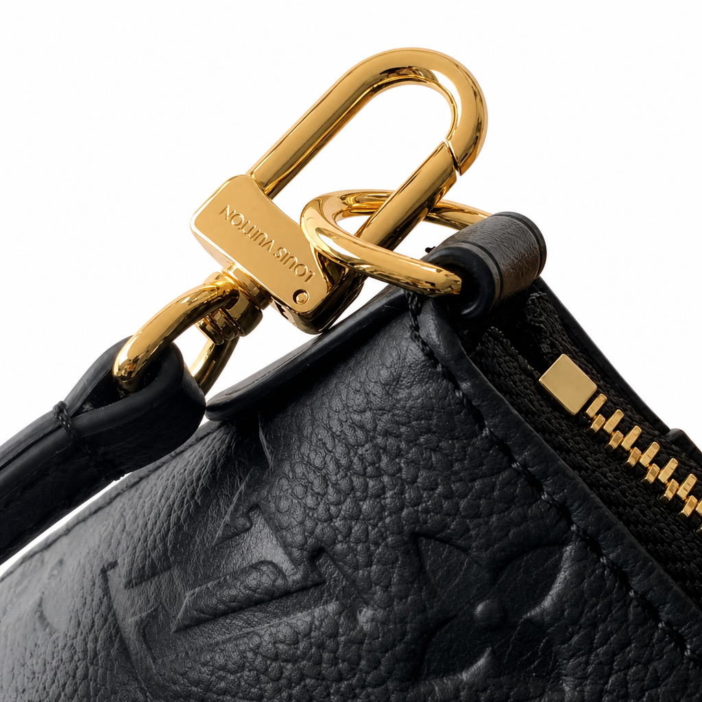 Louis Vuitton Structured Top Handle — Black Empreinte, Double Handles, Gold D-Ring & Carabiner Crossbody Strap