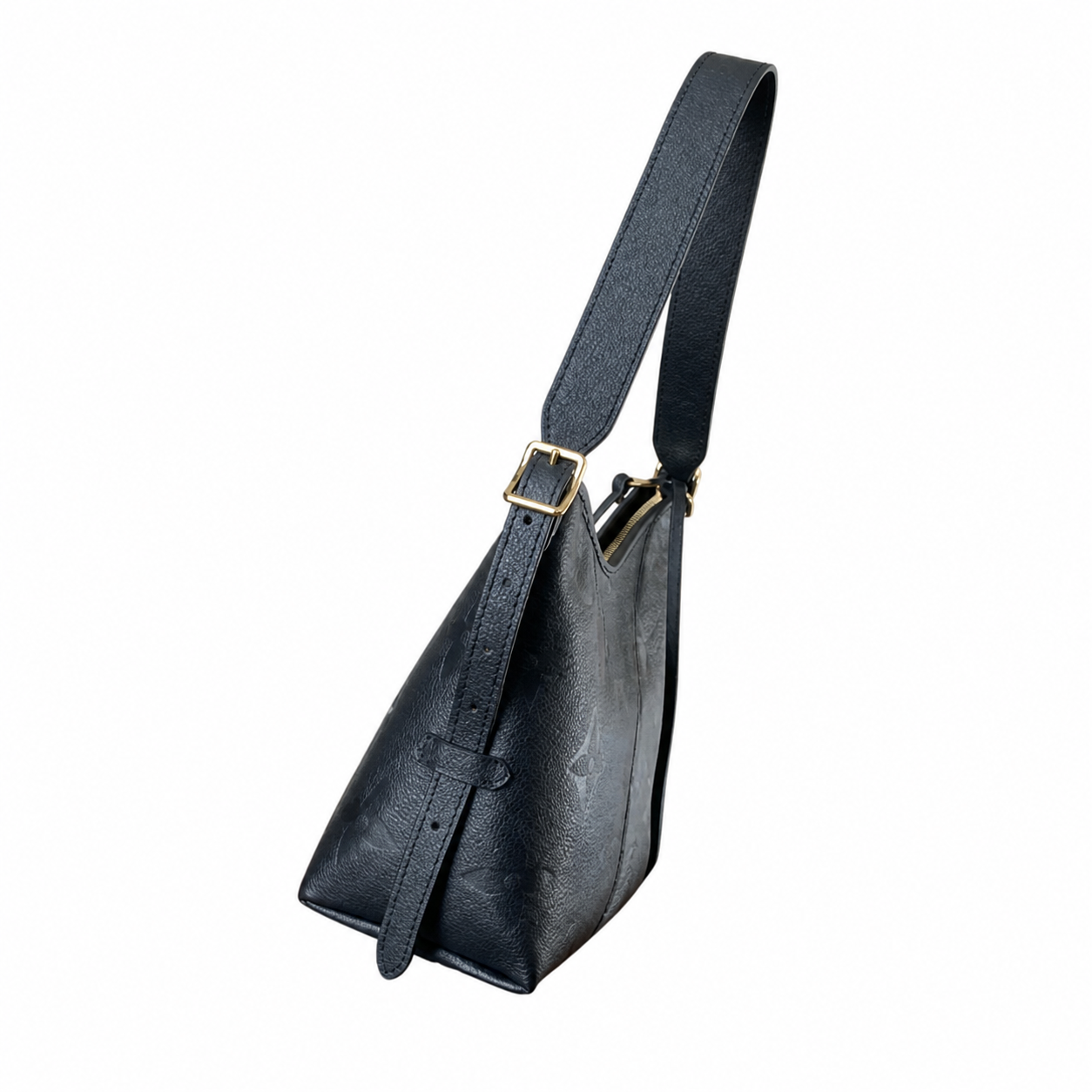 Louis Vuitton Wedge Crossbody — Black Empreinte, LV Zipper Pulls, Gold Dome Studs & Electric Purple Interior