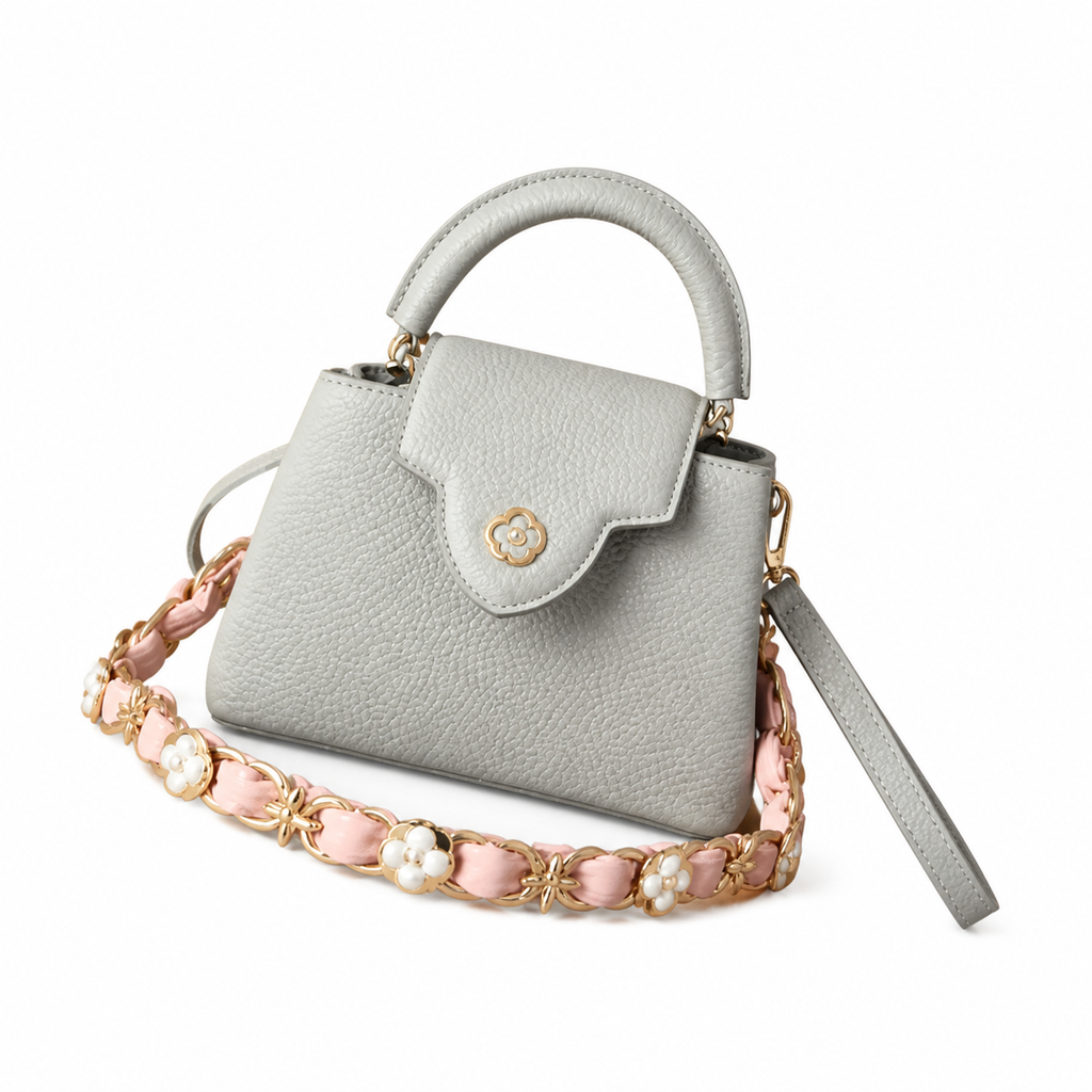 Louis Vuitton Capucines Mini — Taurillon Leather in Perle with Pearl Flower Chain & Pink Leather Weave