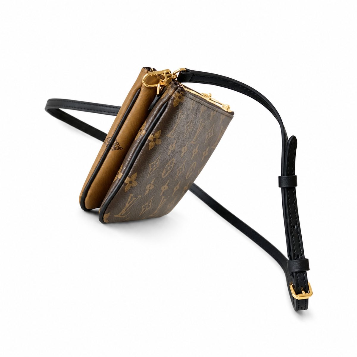 Louis Vuitton Double Zip Pochette — Monogram & Reverse Canvas, Dual Zips & Black Leather Strap