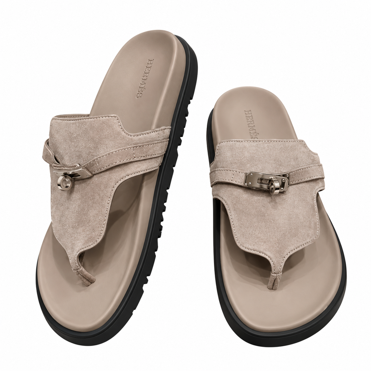 Hermès Taupe Thong Sandals with Silver Buckle