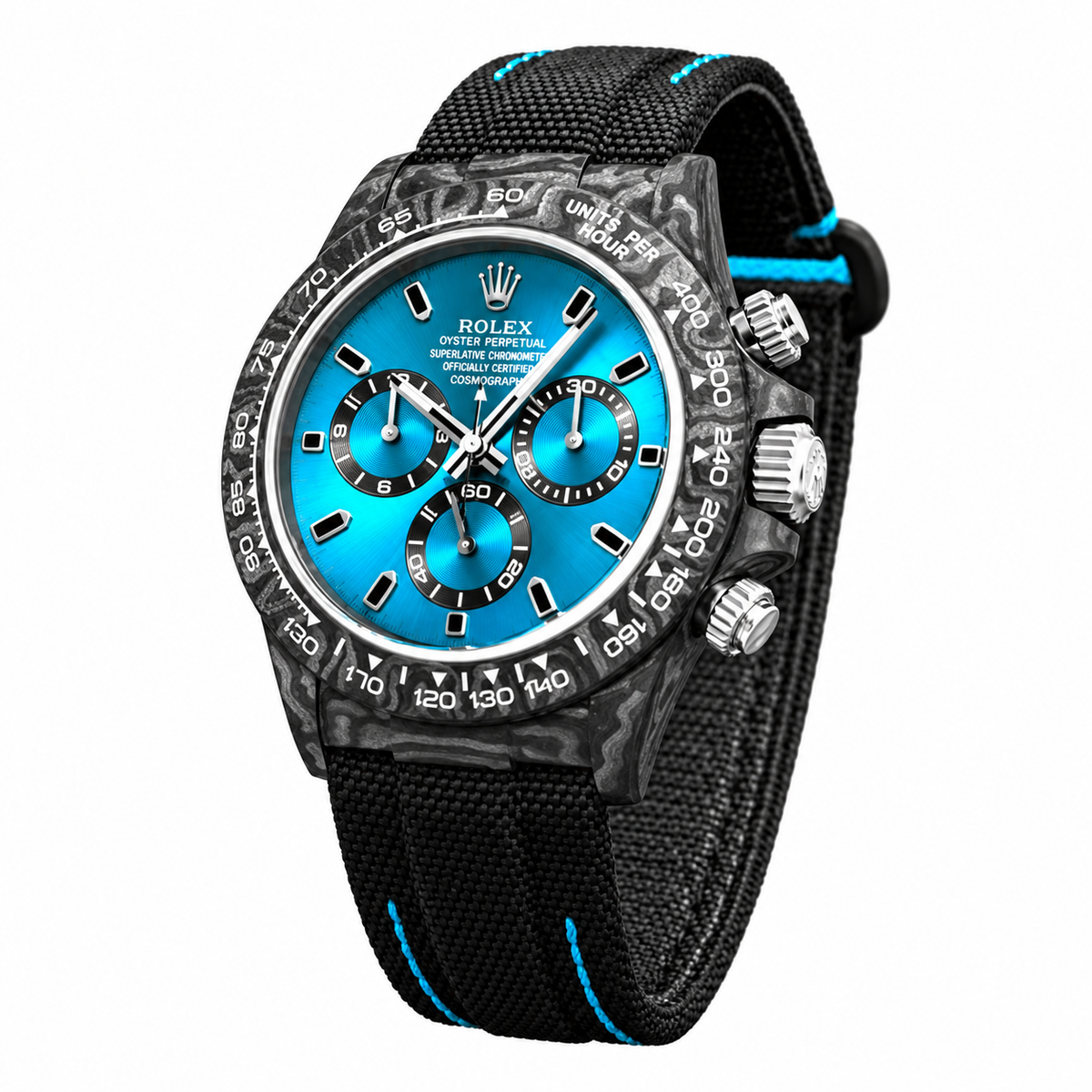Rolex Turquoise Dial Watch with Black Woven Strap