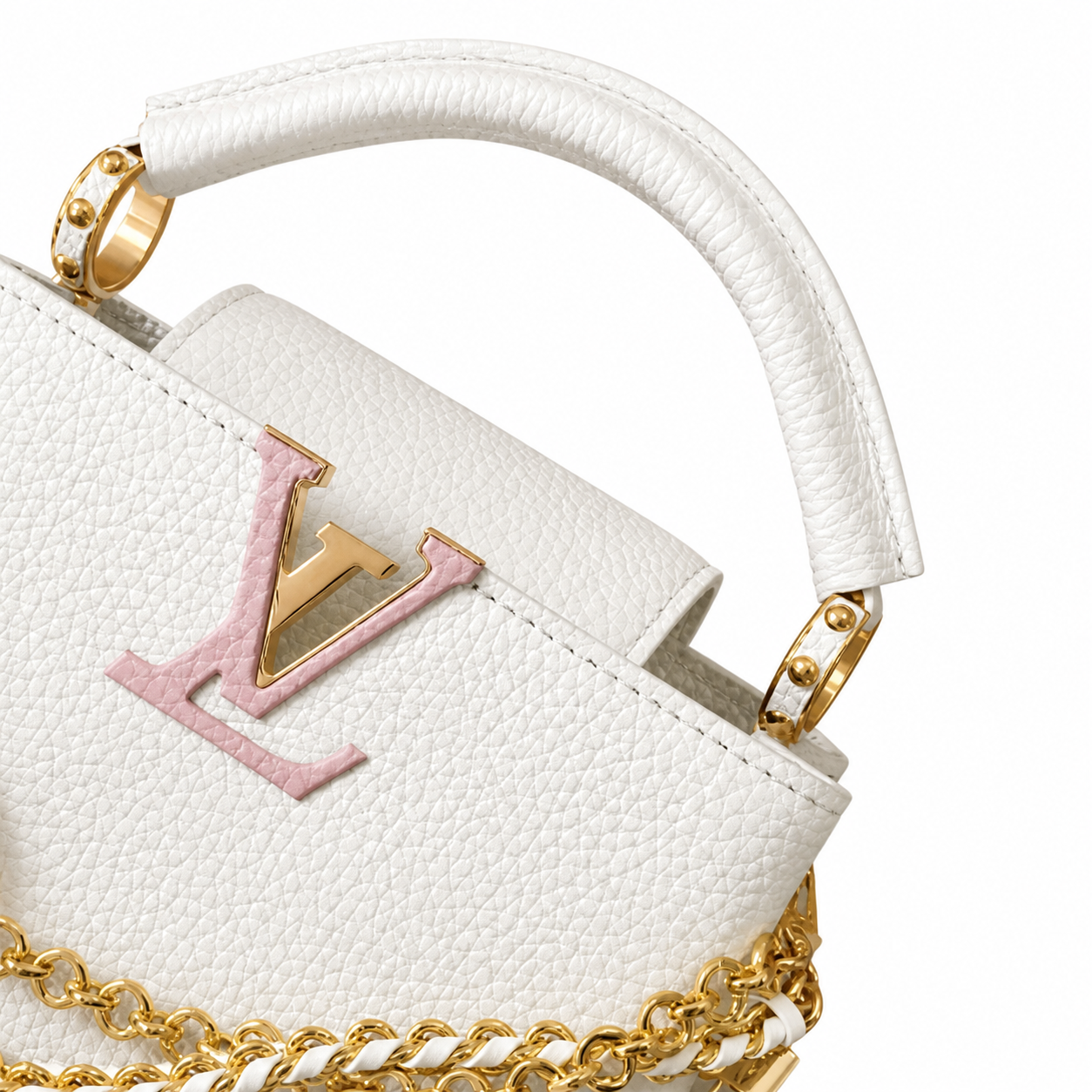 Louis Vuitton Capucines BB — Taurillon Leather in Blanc with Rose-Gold LV Clasp & Braided Chain