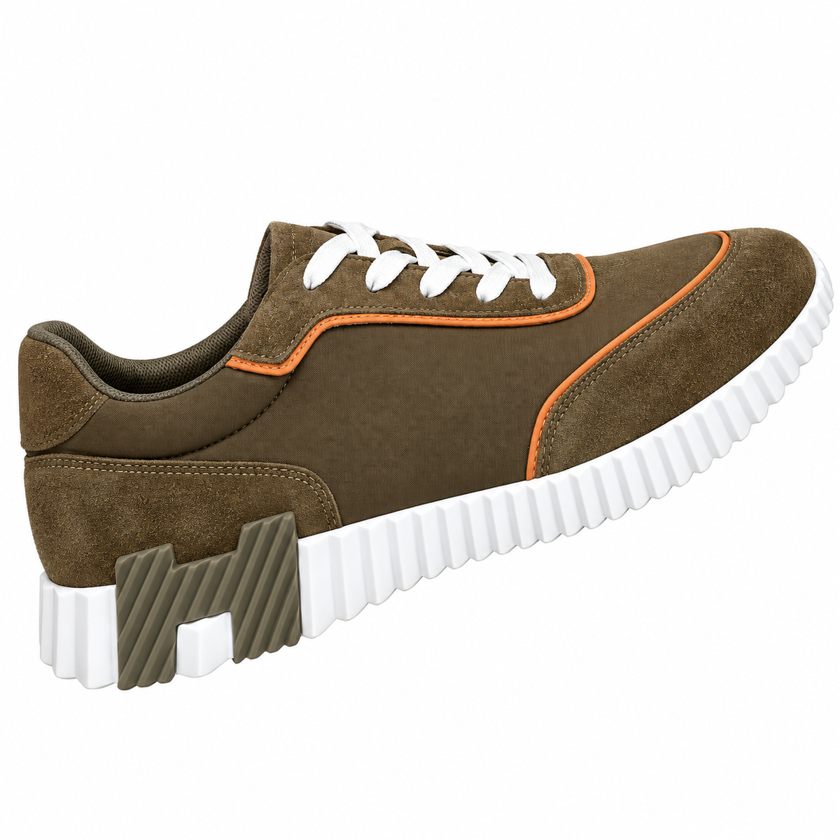 Hermès Olive Brown and Orange Low-Top Sneakers