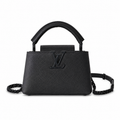 Louis Vuitton Capucines Mini — Noir Taurillon, Matte Black LV Turn-Lock & Black Chain Strap