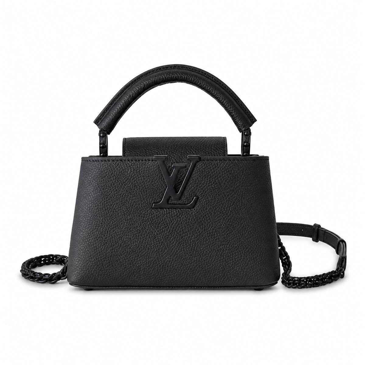Louis Vuitton Capucines Mini — Noir Taurillon, Matte Black LV Turn-Lock & Black Chain Strap
