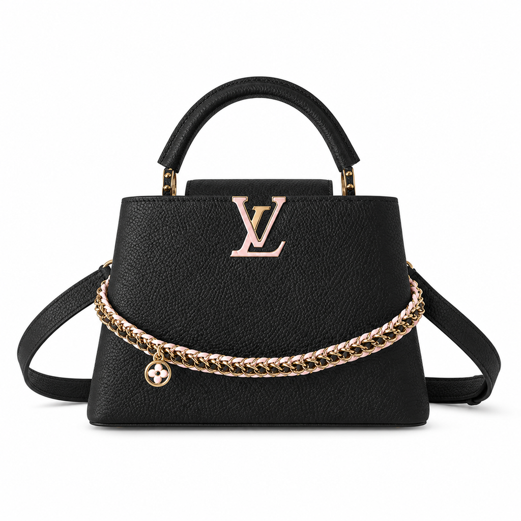 Louis Vuitton Capucines BB — Noir Taurillon, Rose Gold & White Enamel Floral