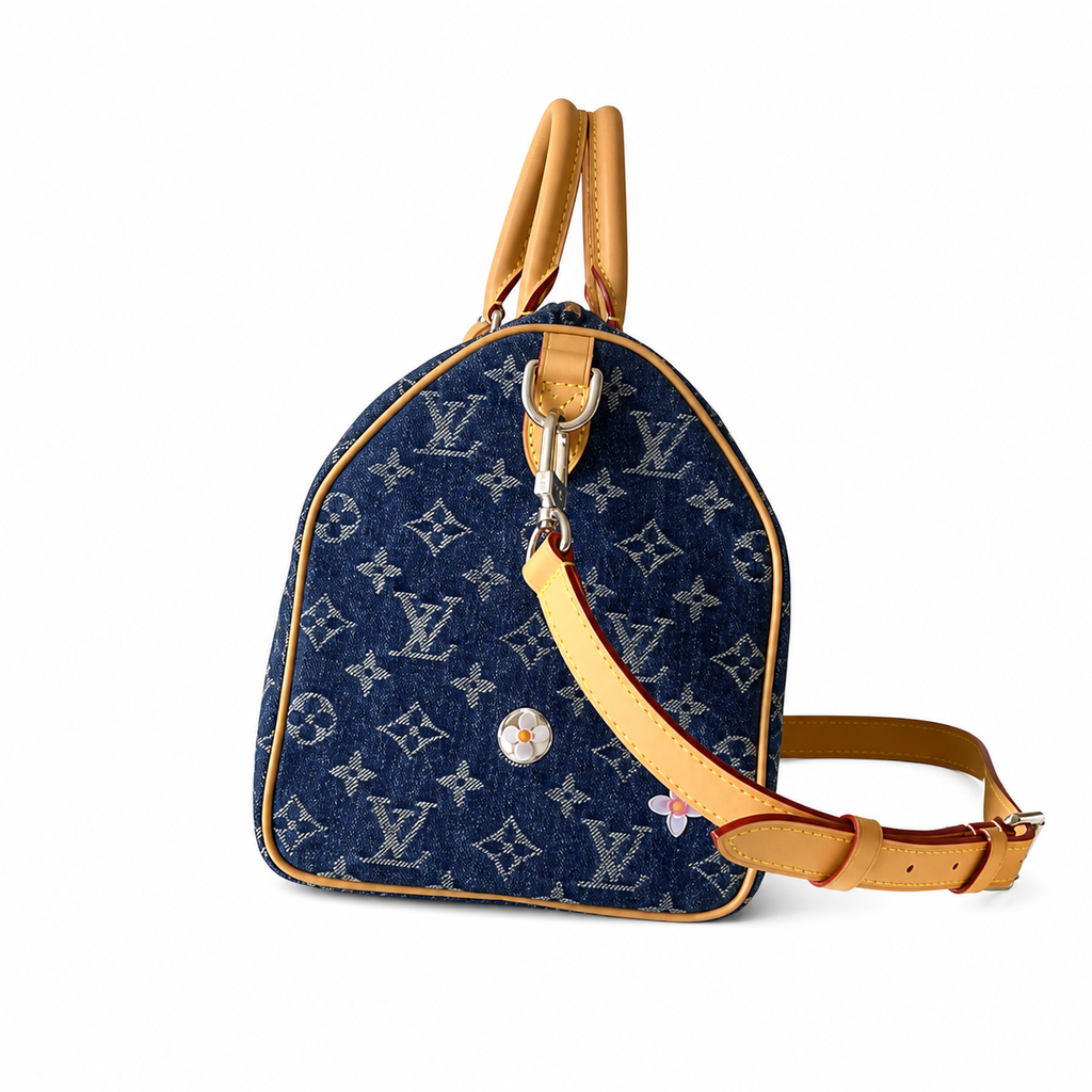 Louis Vuitton Keepall Bandoulière 35 — Monogram Denim in Bleu with Daisy Flower Detail