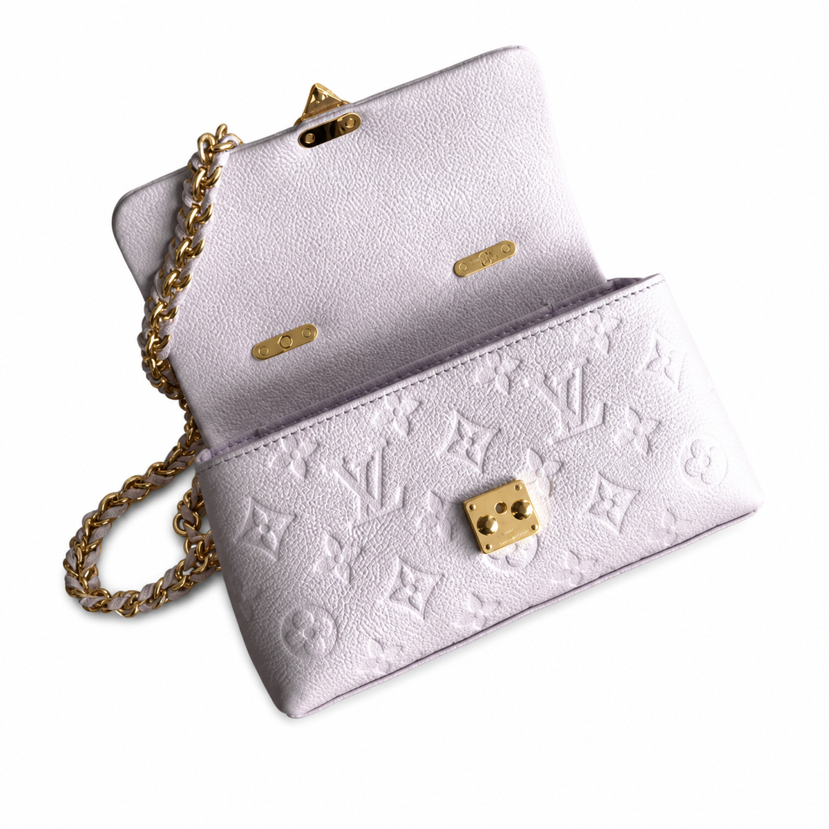 Louis Vuitton Mini Flap — Lilas Lavender Empreinte, Gold Chunky Chain, Push-Lock & Tonal Interior