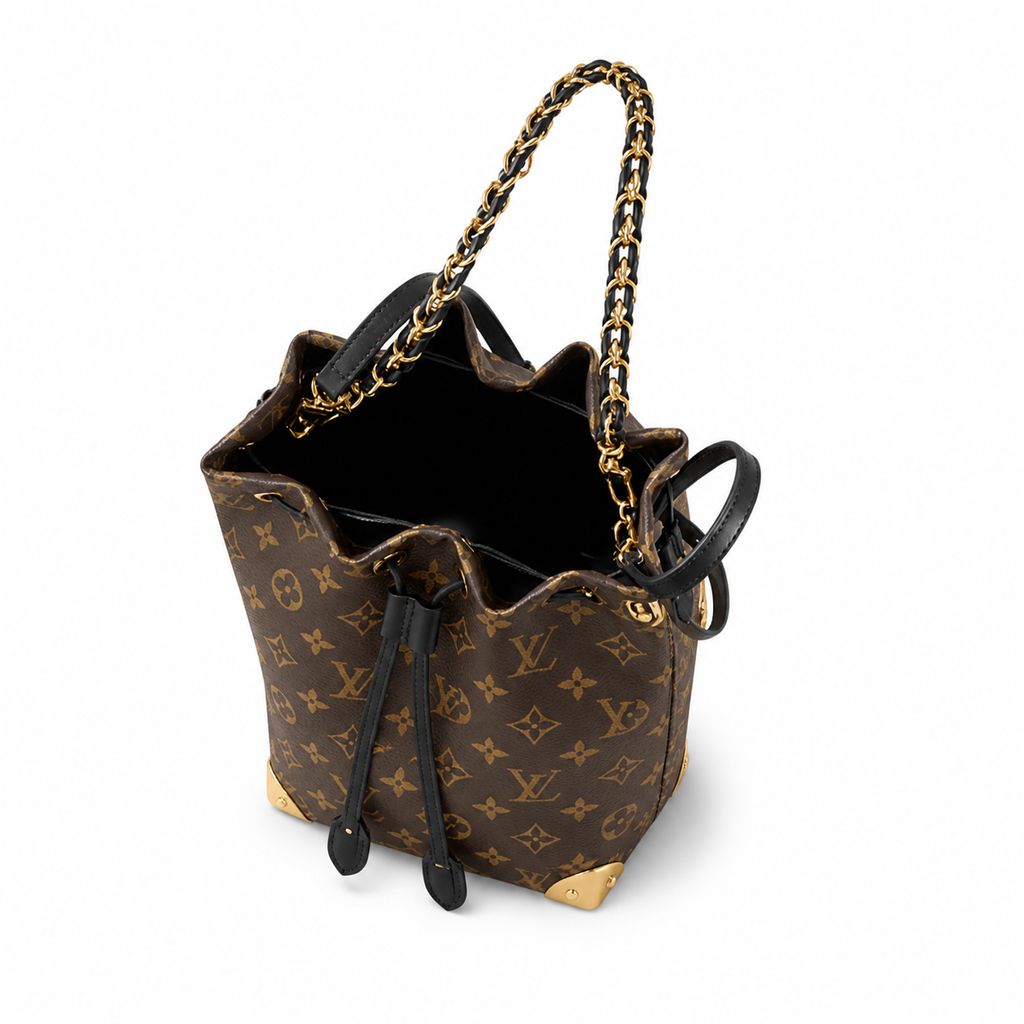 Louis Vuitton Noé BB — Monogram Canvas, Black Leather Trim, Leather-Woven Chain Handle & Black Interior