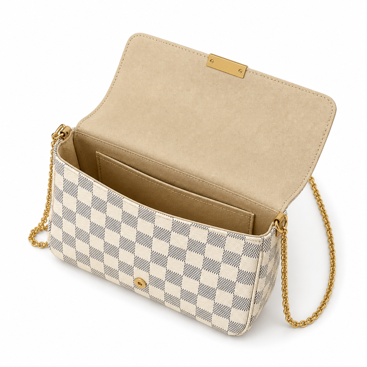 Louis Vuitton Favorite MM — Damier Azur Canvas, Magnetic Flap, Cream Interior & Gold Chain