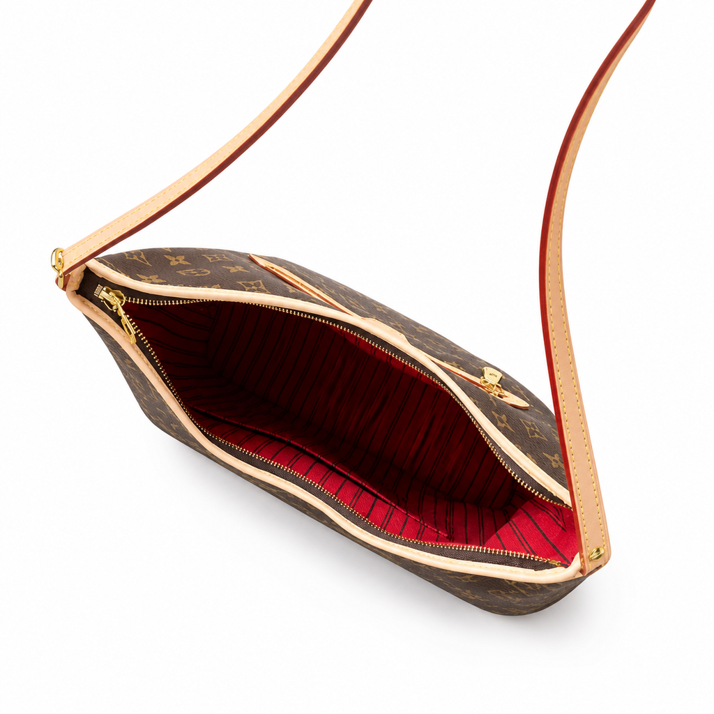 Louis Vuitton Large Crossbody — Monogram Canvas, Vachetta Strap & Red Striped Interior