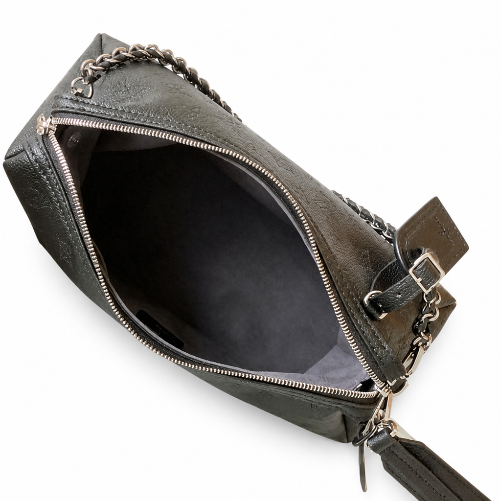 Louis Vuitton Mahina Belt Bag — Noir Black Triangular Cone, Silver Chain & Adjustable Belt Strap