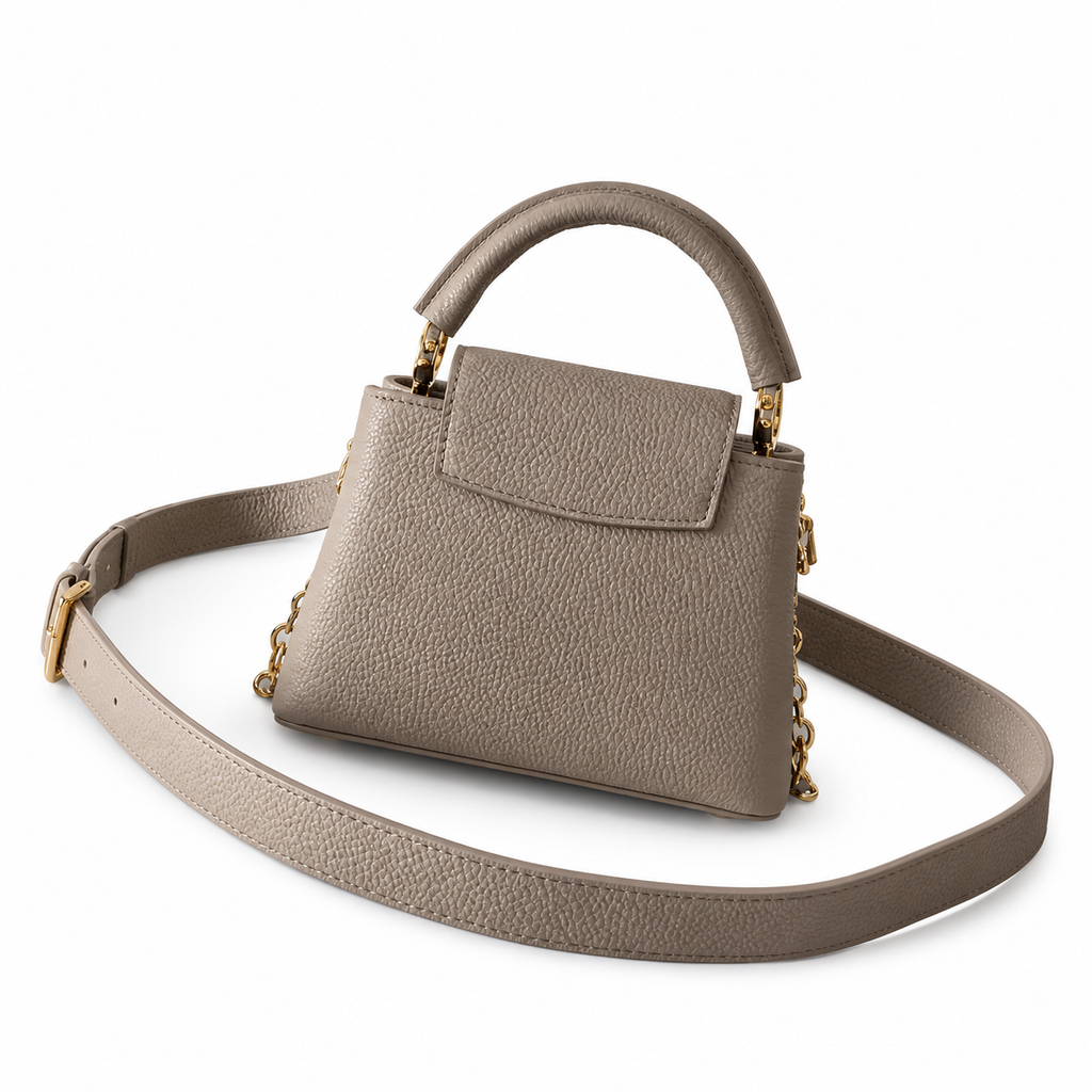 Louis Vuitton Capucines BB — Taurillon Leather in Tourterelle with Gold LV Clasp & Chain