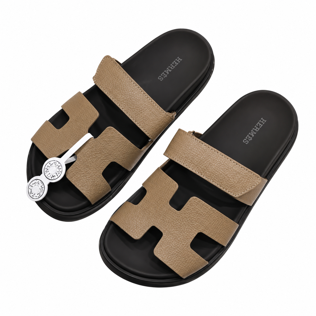 Hermès Sand Beige Grained Leather Slides
