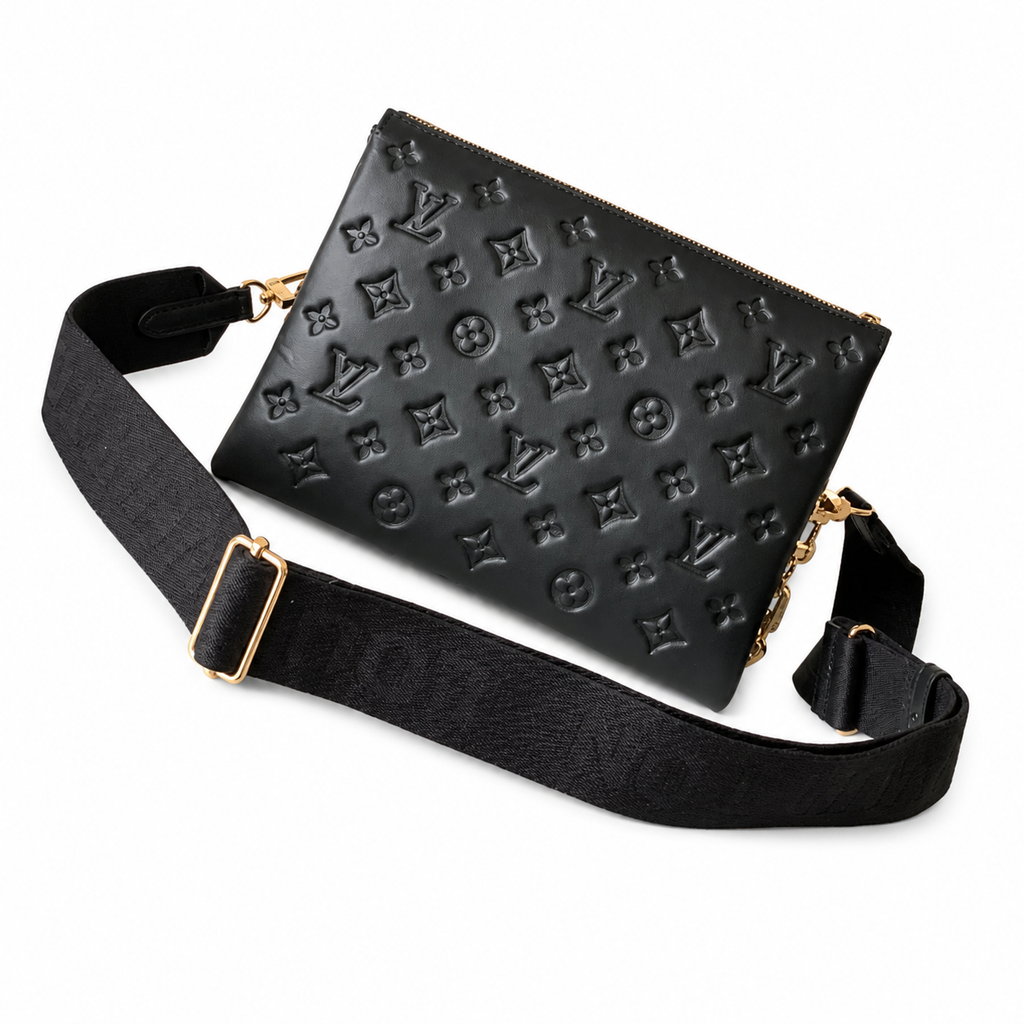 Louis Vuitton Coussin — Black Empreinte Lambskin, 3D Monogram, Fabric Strap & Gold Chain Connector