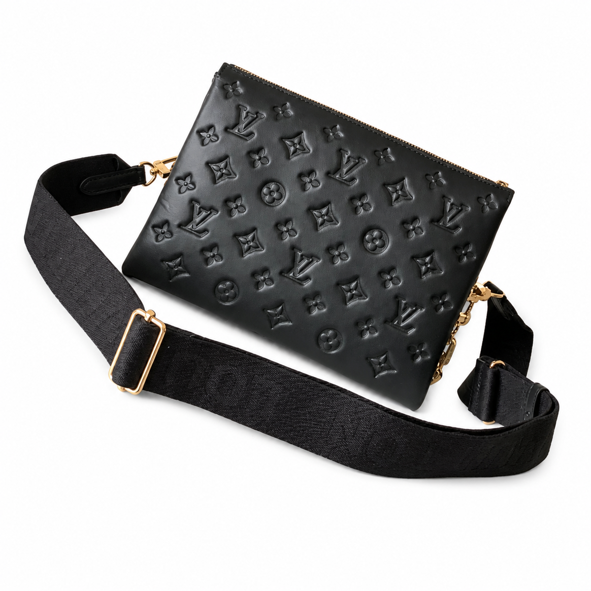 Louis Vuitton Coussin — Black Empreinte Lambskin, 3D Monogram, Fabric Strap & Gold Chain Connector