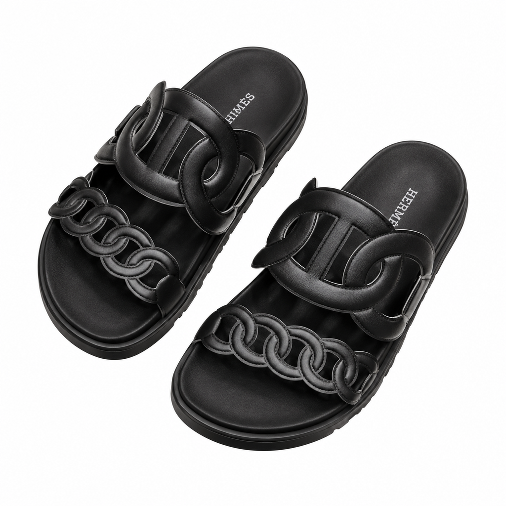 Hermès Black Chain-Link Open Toe Slide Sandals