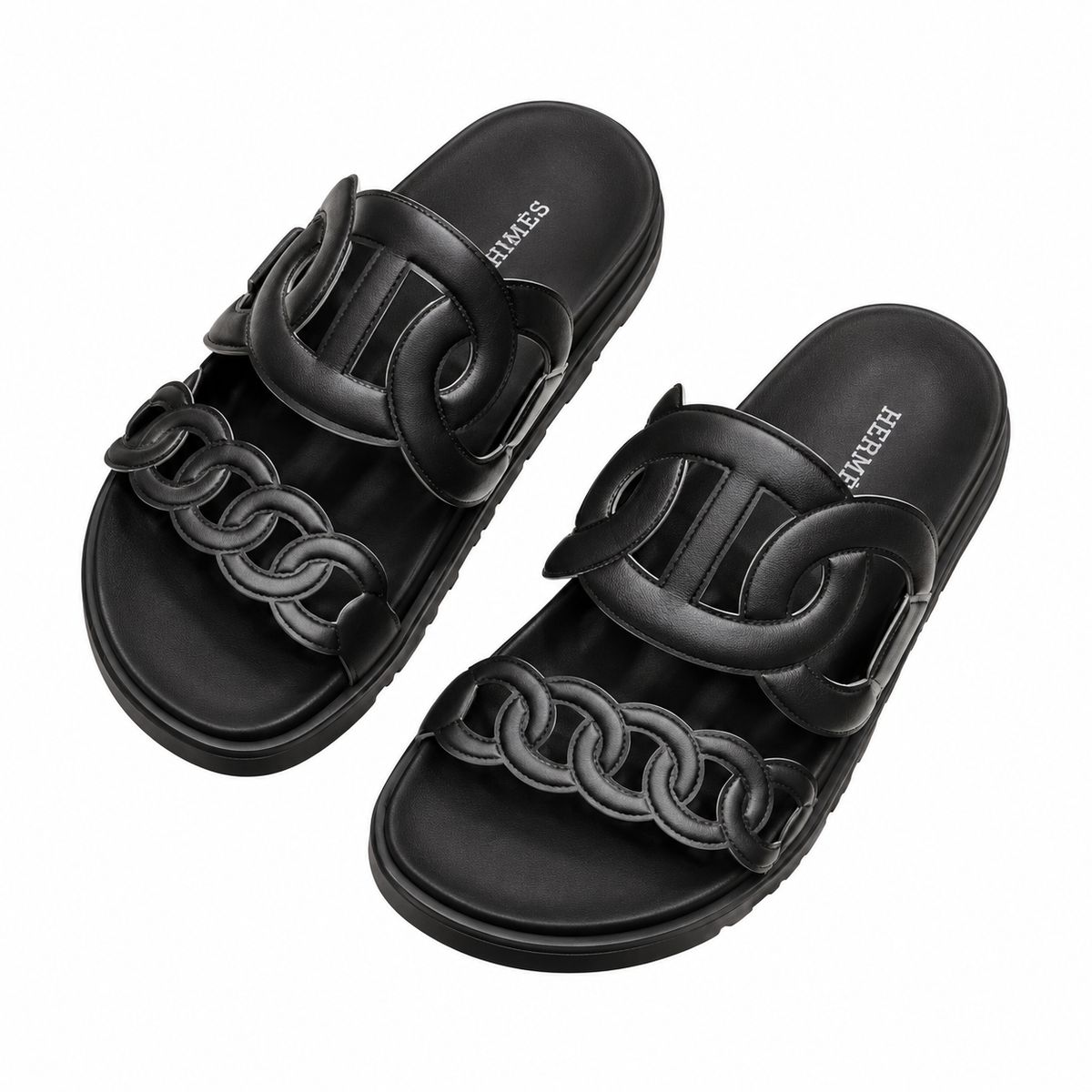 Hermès Black Chain-Link Open Toe Slide Sandals