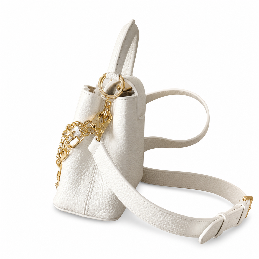 Louis Vuitton Capucines Mini — Taurillon Leather in Blanc with Triple Gold Chain & Flower Charm