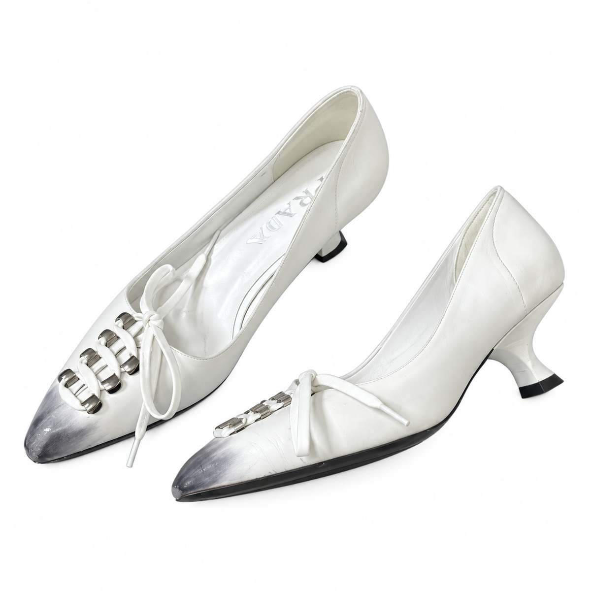 Prada White Silver-Tone Toe Lace-Up Pumps