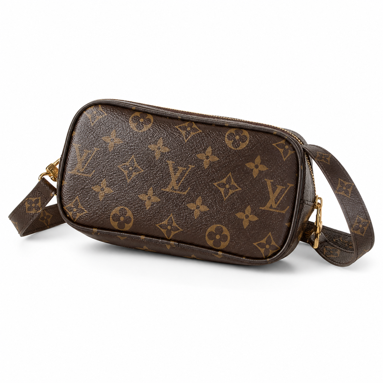 Louis Vuitton Monogram Crossbody — Dark Brown Leather Trim, Canvas Shoulder Strap & Full-Length Gold Zipper