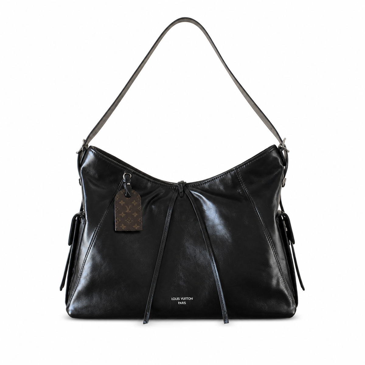Louis Vuitton Melie — Noir Smooth Calfskin, Central Leather Bow, Side Ties & Monogram Luggage Tag