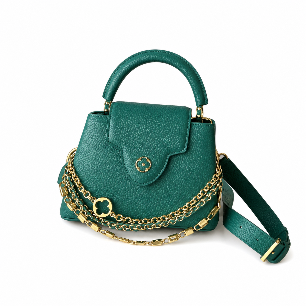Louis Vuitton Capucines Mini — Taurillon Leather in Vert Émeraude with Triple Gold Chain & Flower Charm