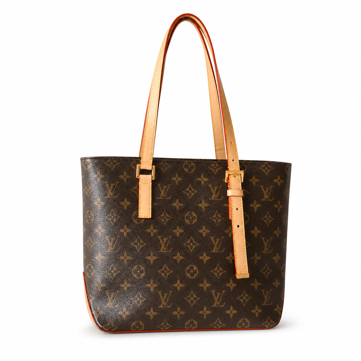 Louis Vuitton Luco Tote — Monogram Canvas, Red-Orange Side Trim & Vachetta Straps