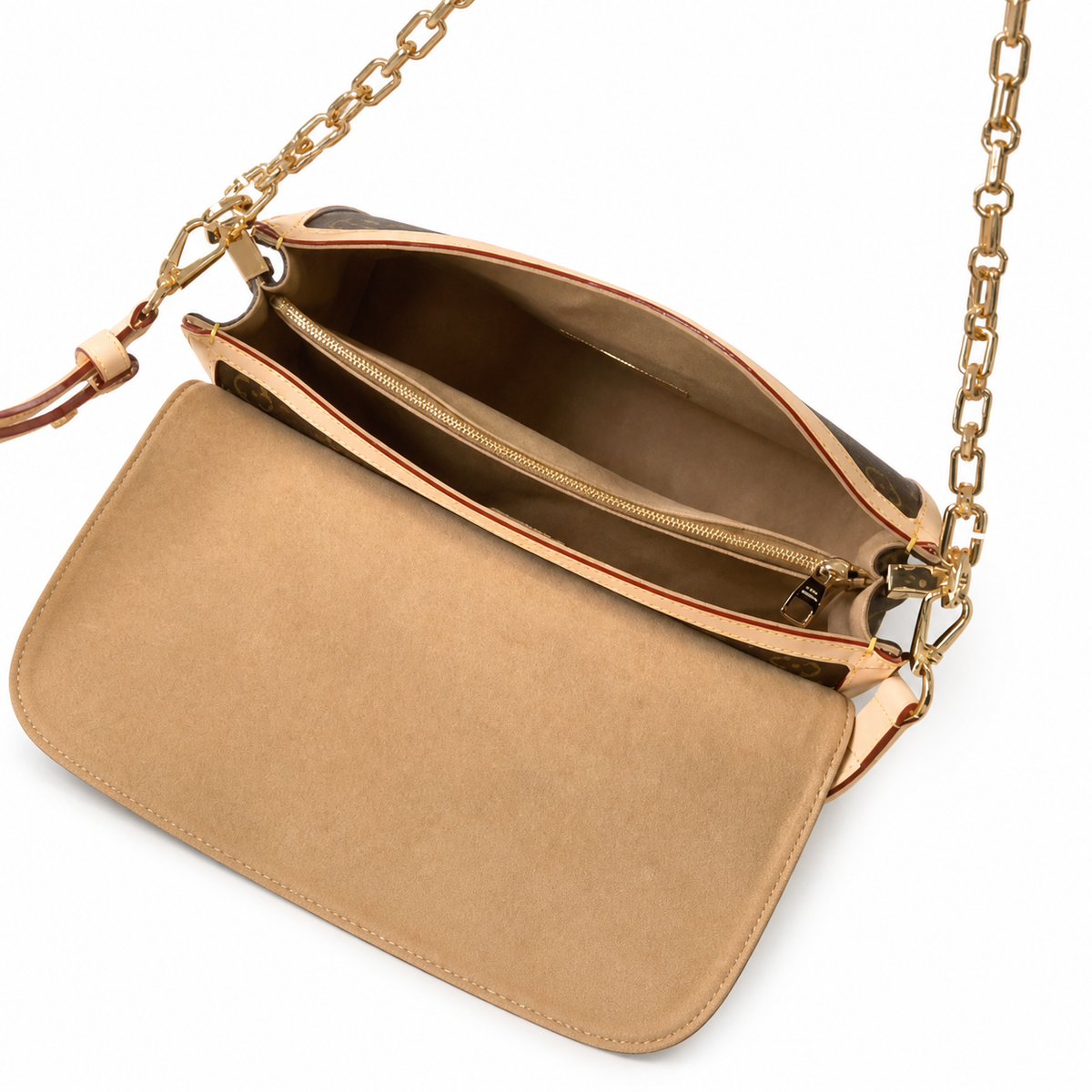 Louis Vuitton Dauphine MM — Monogram Canvas, Vachetta Flap Trim, LV Turn-Lock & Chunky Gold Chain