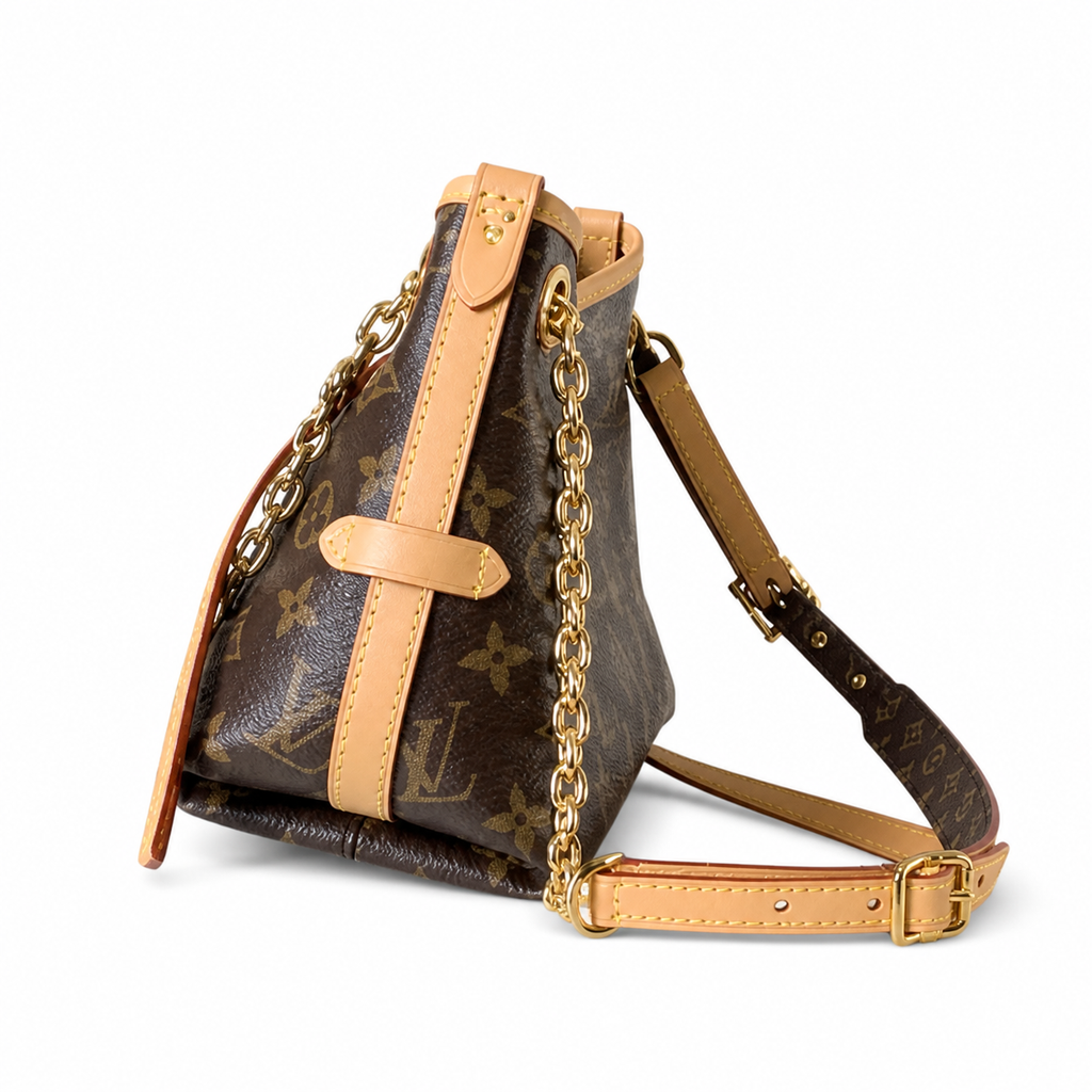 Louis Vuitton Drawstring Shoulder — Monogram Canvas, Vachetta Top Frame, Decorative Gold Chain & Turn-Locks