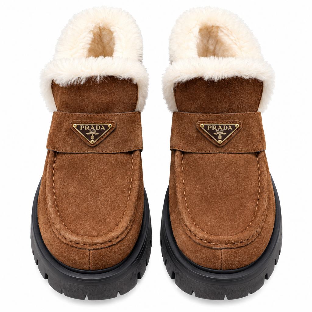 Prada Cognac Plush-Trim Lug-Sole Ankle Boots