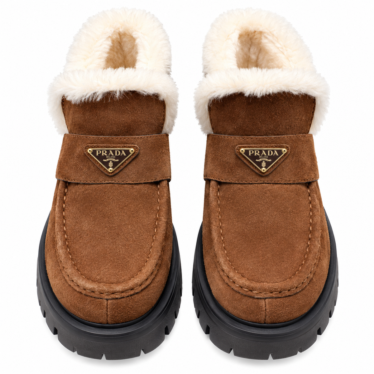 Prada Cognac Plush-Trim Lug-Sole Ankle Boots