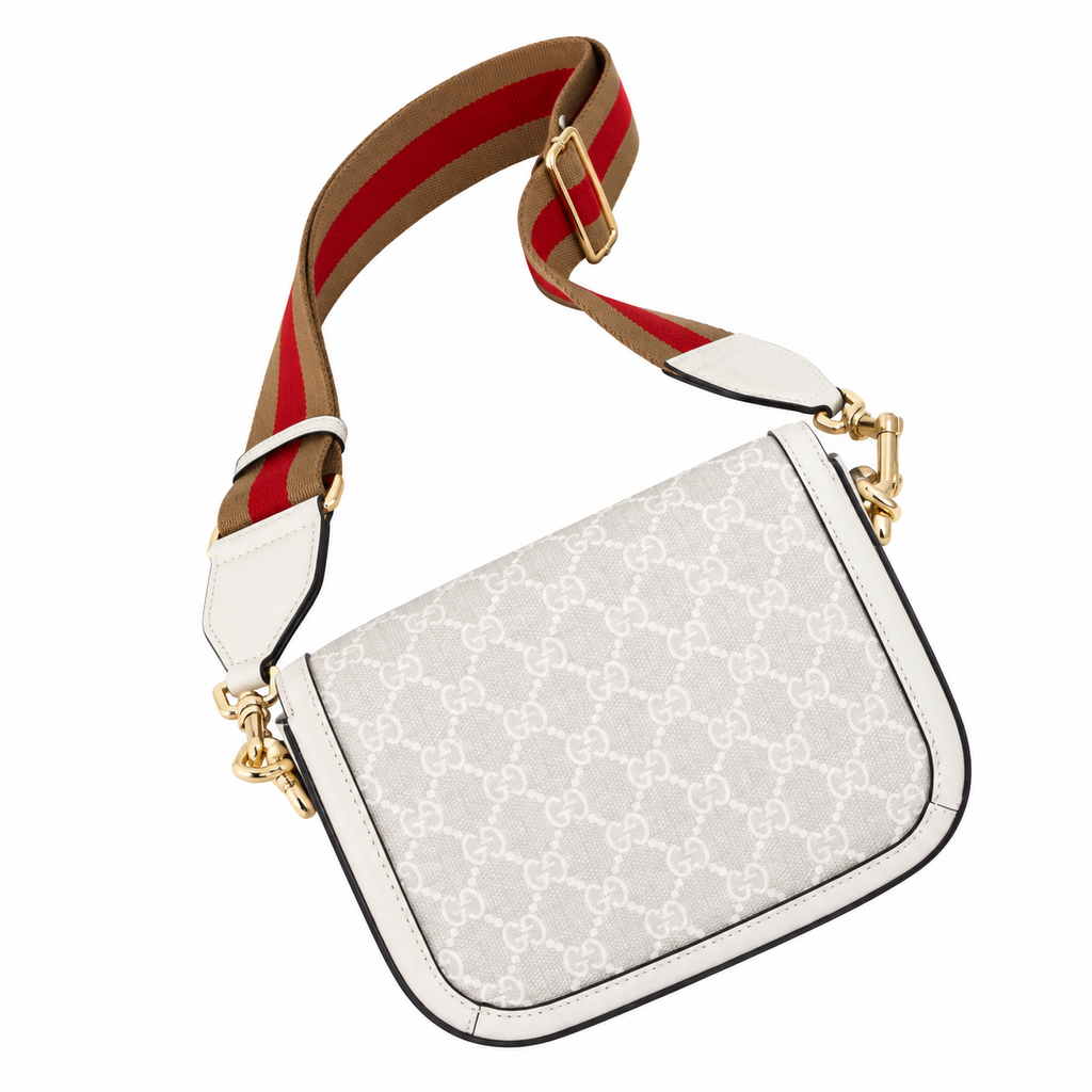 Gucci Horsebit 1955 Mini Crossbody Bag in White GG Supreme with Wide Web Strap