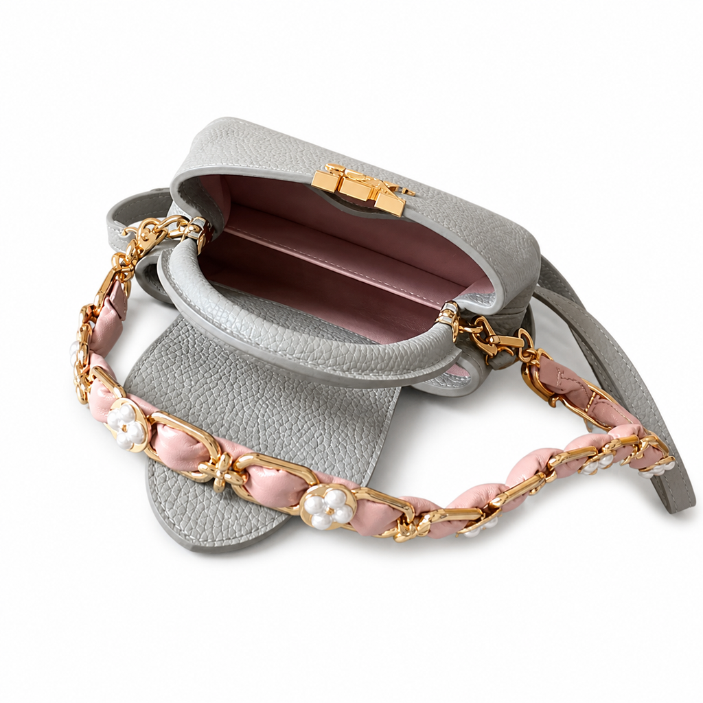 Louis Vuitton Capucines Mini — Taurillon Leather in Perle with Pearl Flower Chain & Pink Leather Weave