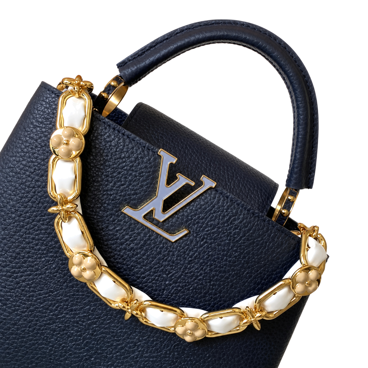 Louis Vuitton Capucines — Taurillon Leather in Marine with Mother-of-Pearl Flower Chain