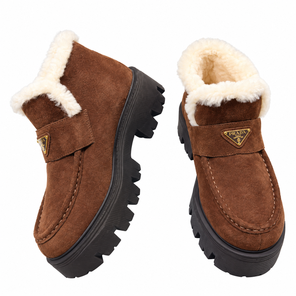 Prada Brown Plush-Trim Lug-Sole Ankle Boots
