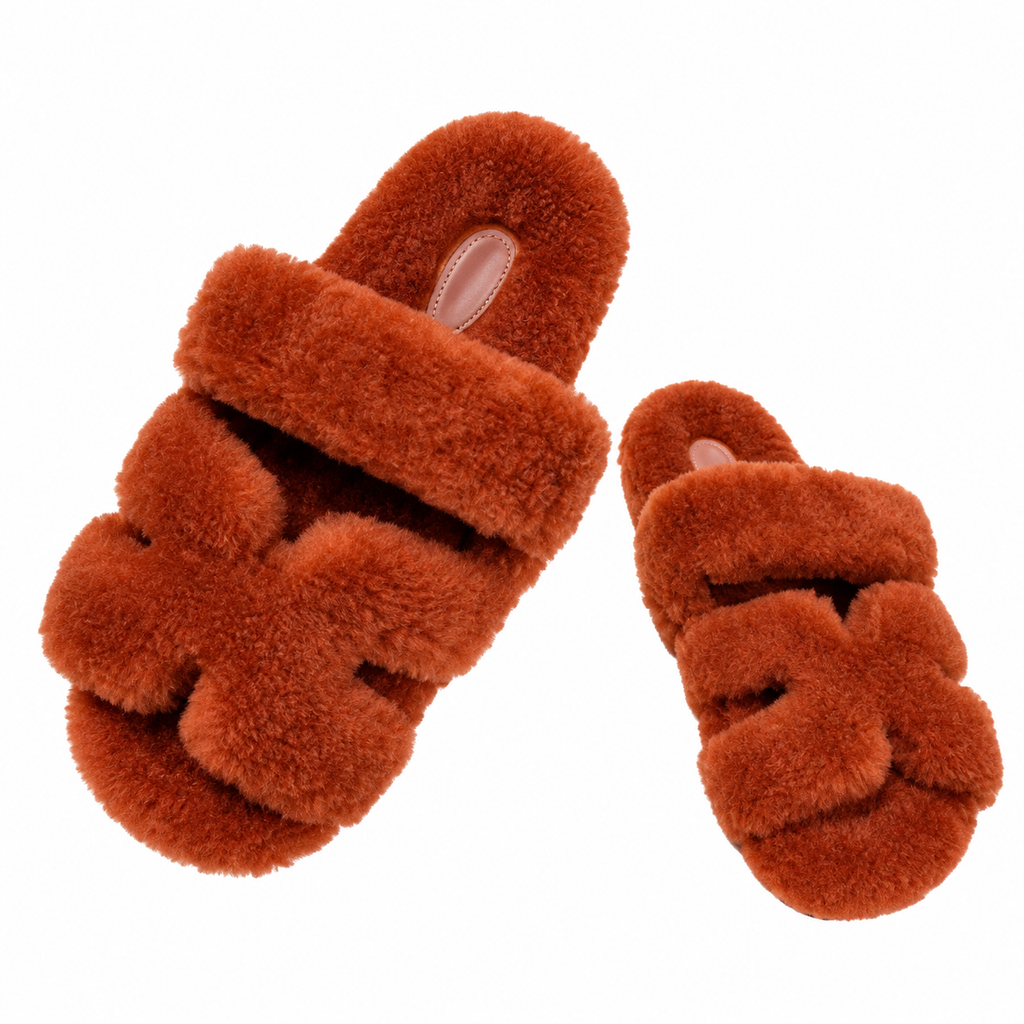 Hermès Burnt Orange Textured H-Strap Slides
