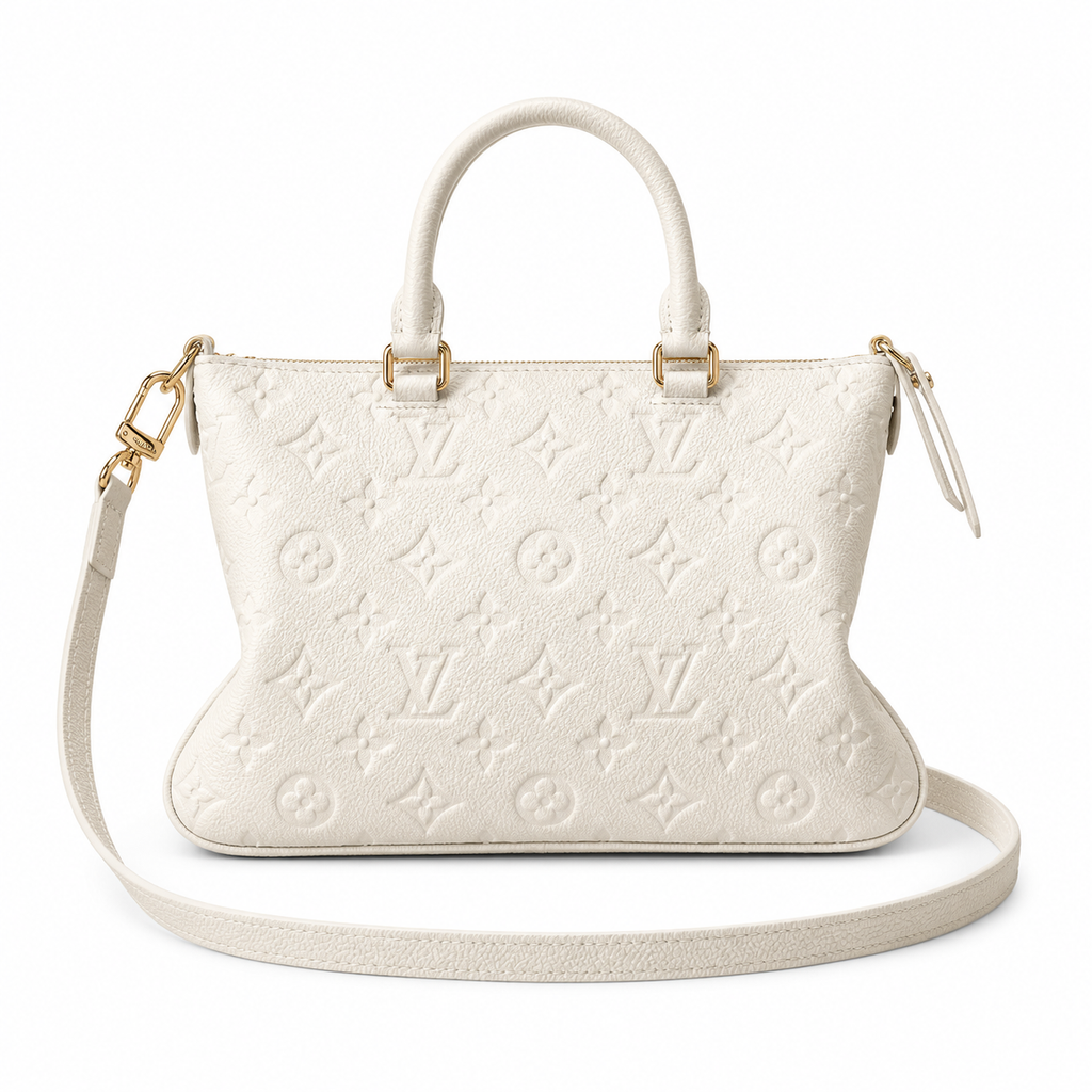 Louis Vuitton Giant Monogram Top Handle — Crème Ivoire Empreinte, Tonal Double Handles & Carabiner Strap