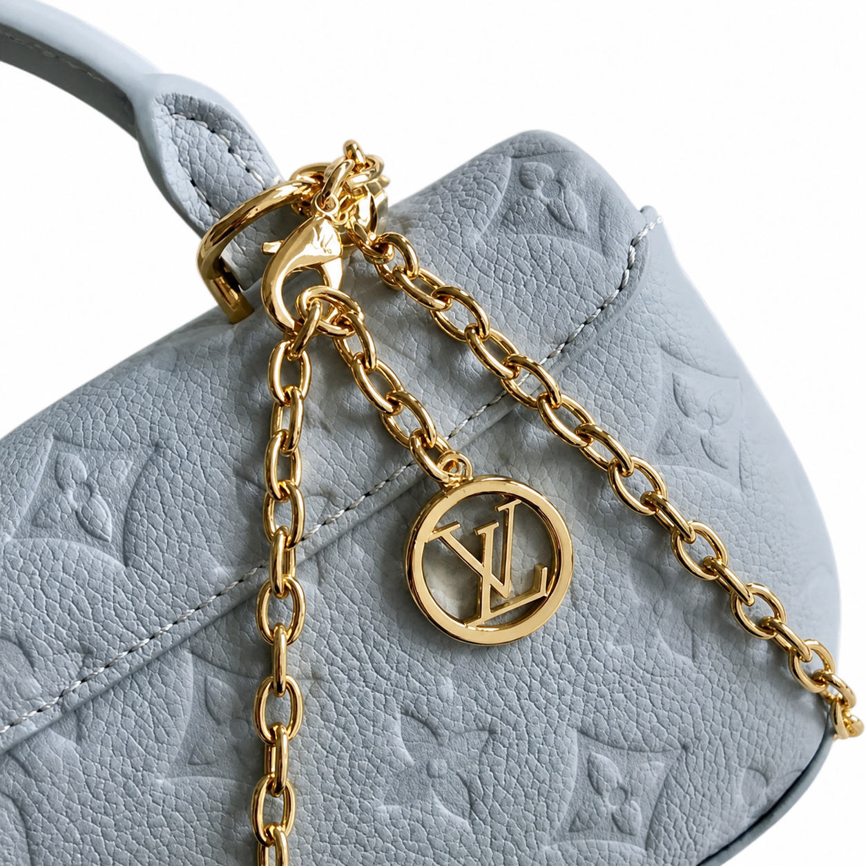 Louis Vuitton Mini 2-Way — Bleu Glacier Empreinte, Gold Chain, Round Top Handle & LV Medallion