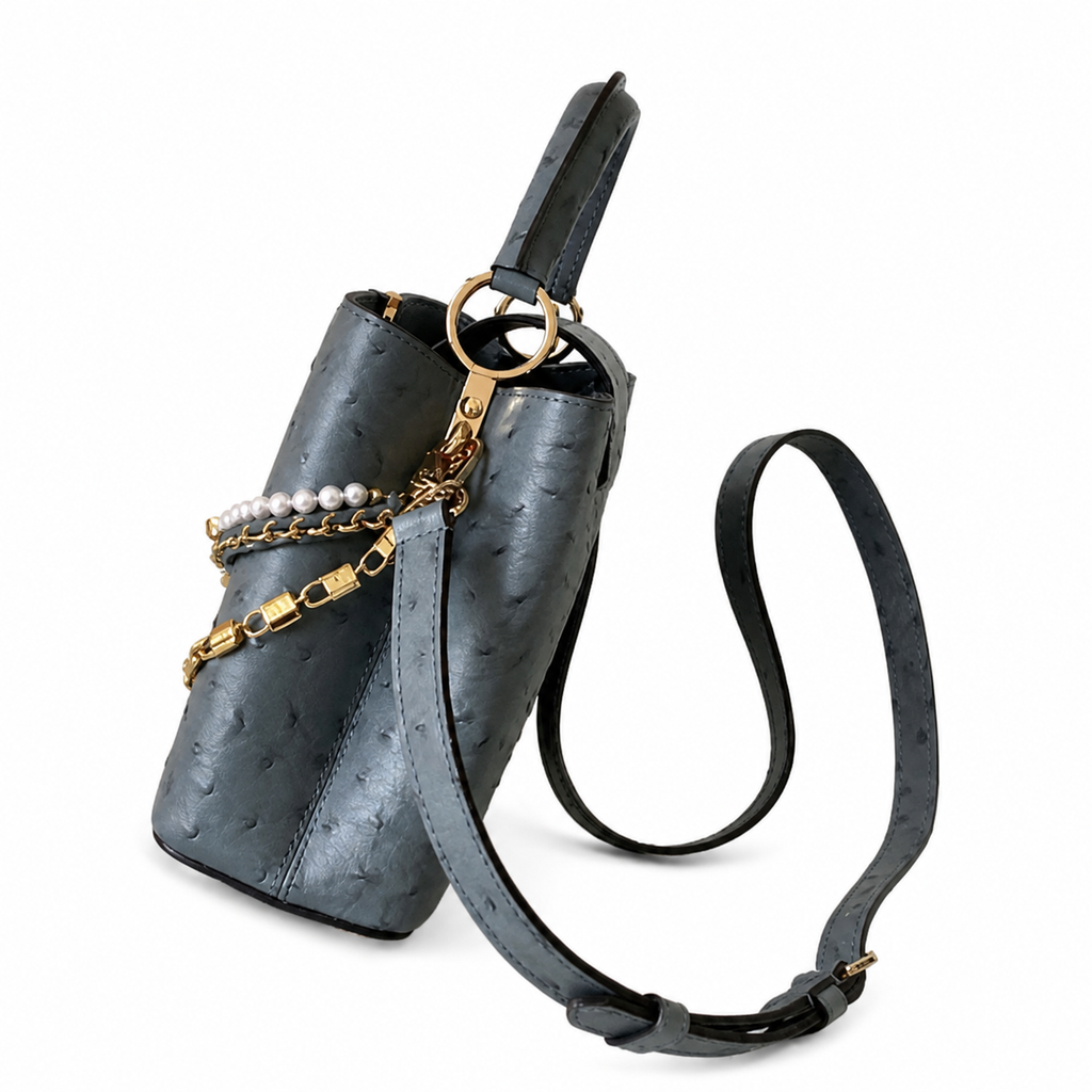 Louis Vuitton Capucines BB — Autruche Ostrich Leather in Bleu Orage with Jewelled Chain & Gold Hardware